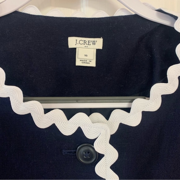 Size 16 J CREW Women Blazer Navy Blue White Ric Rac Trim Lined Button Front - Picture 4 of 6